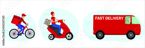 Fast courier. Fast delivery. Vector. Delivery service. Courier delivers goods and food to consumers on a car, a motorcycle and a bicycle. Can be used for mail delivery service, goods delivery service. © Valeriia