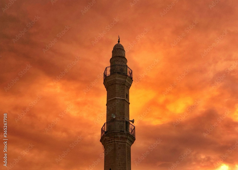 Israel, Tel Aviv. Mosque minaret on beautiful sunset time