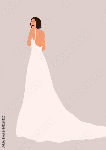 Abstract bride in wedding dress card isolated on light background. Fashion minimal trendy woman in cartoon flat style. Trendy poster wall print decor vector illustration