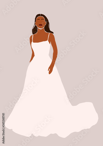 Abstract bride in wedding dress card isolated on light background. Fashion minimal trendy african american black woman in cartoon flat style. Trendy poster wall print decor vector illustration
