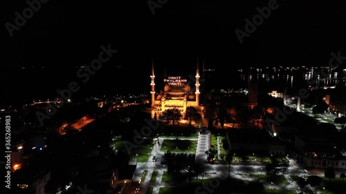 Aerial night view of Blue Mosque in Istanbul. There says 