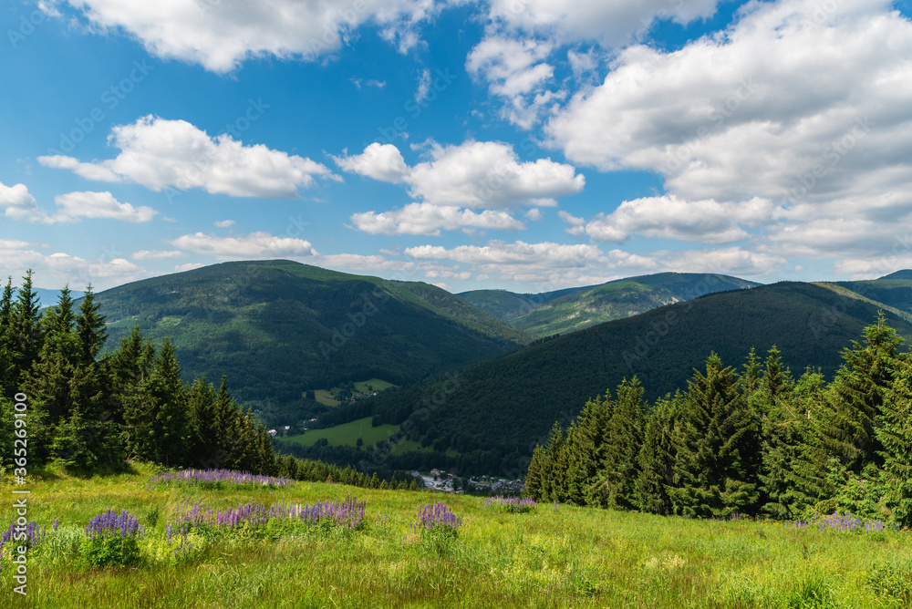 Jeseniky mountains with Kouty nad Desnou village bellow in Czech republic