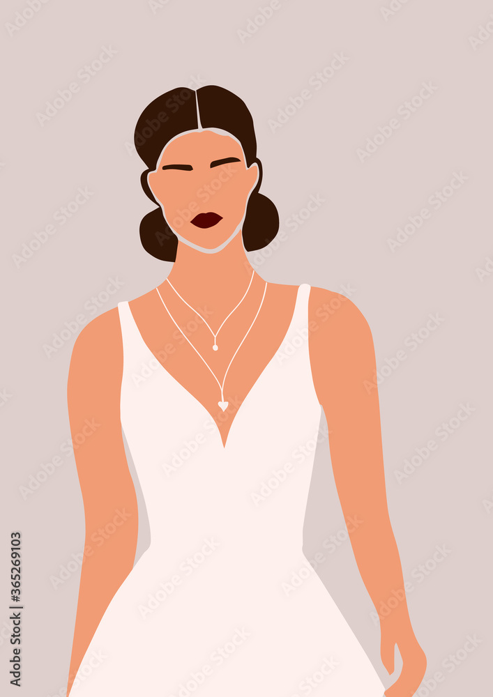 Fototapeta premium Abstract portrait of bride in wedding dress card isolated on light background. Fashion minimal trendy woman in cartoon flat style. Trendy poster wall print decor vector illustration