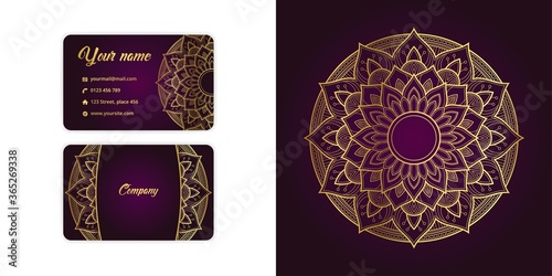 Luxury gold mandala arabesque business card and arabesque background set on elegant magenta color