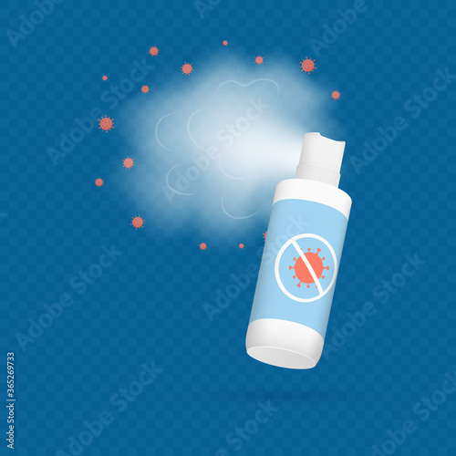 A can with a disinfectant solution, a spray against infections and viruses isolated on a dark blue background. Vector illustration.