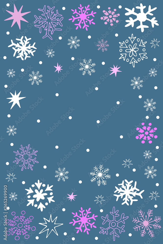 Winter background with cute cartoon snowflakes. 
