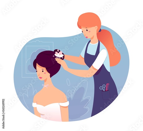Hairdresser making wedding hairstyle for bride