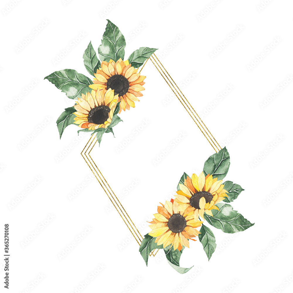 Fototapeta premium Watercolor summer golden frame with sunflowers bouquet with green leaves isolated. Floral spring autumn geometric frame blossom boho illustration wedding invitation save the date card