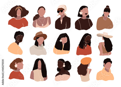 Set of abstract woman portraits isolated on white background. Modern young feminine woman fashion minimal trendy people face in flat style. Vector hand drawn illustration