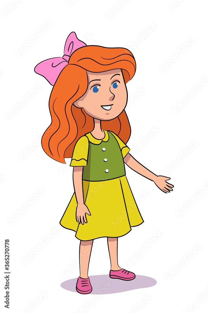 Smiling cute girl pointing hand to side, isolated person