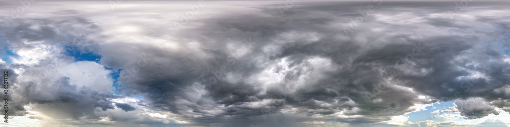 dark sky with beautiful black clouds before storm. Seamless hdri panorama 360 degrees angle view with zenith without ground for use in 3d graphics or game development as sky dome or edit drone shot