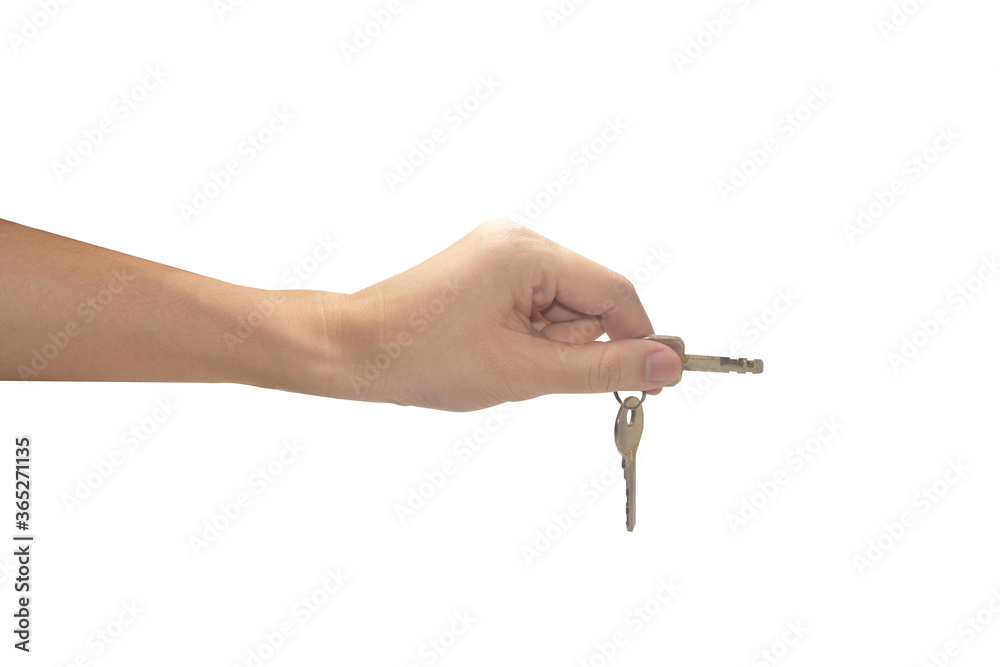 Hand holding key house on white background Hand holding key house on white background