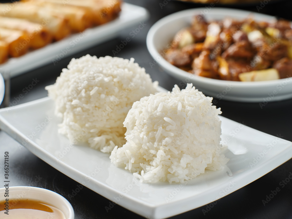 cooked white rice side dish as part of filipino meal cooked white rice side dish as part of filipino meal