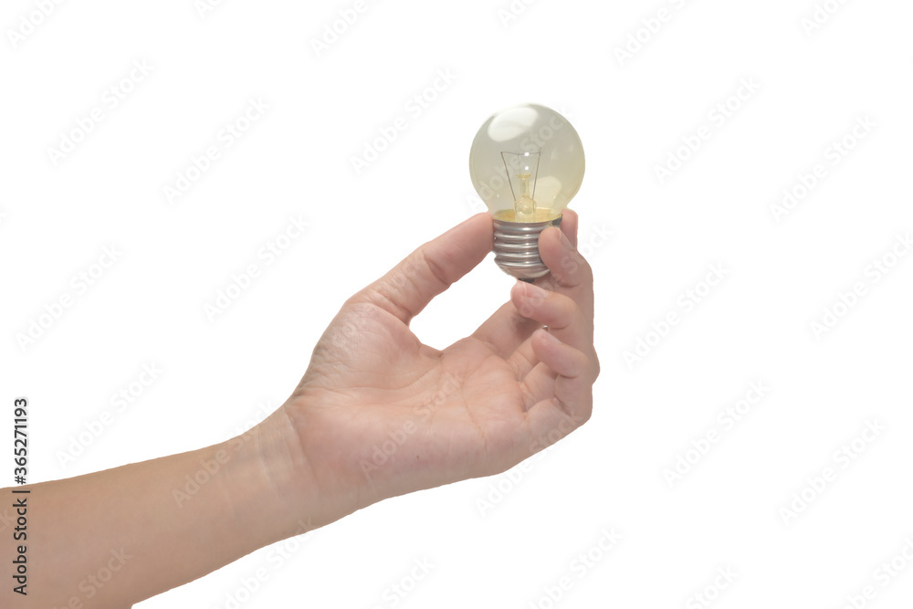 Hand holding light bulb on white background Hand holding light bulb on white background