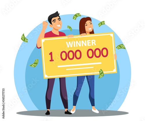 Happy lucky couple holds million bank check, won money prize