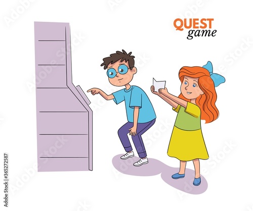 Boy and girl entering code engaged in quest game