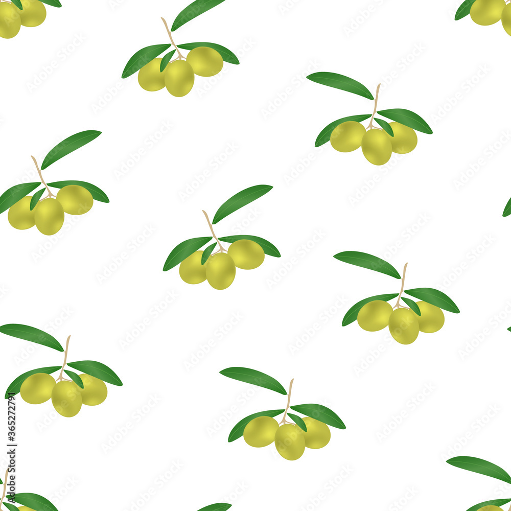 Vector seamless pattern of olives with leaves on a white background. For printing on fabrics, packaging, napkins tec.