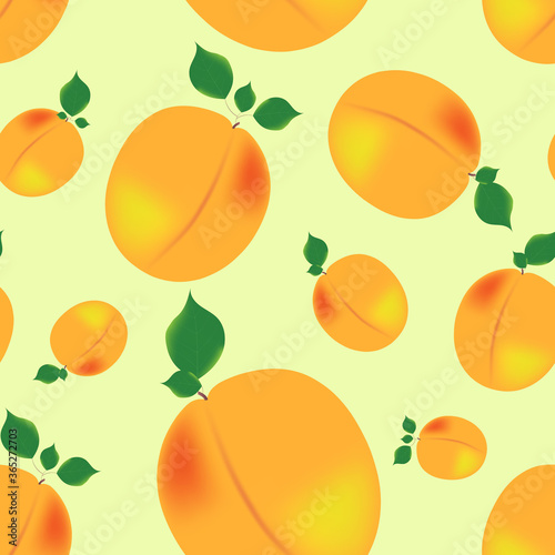 Vector seamless apricot pattern on a light green background. Good for printing on fabric, packaging, napkins, all kinds of backgrounds, etc.