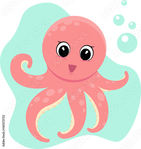 cute pink octopus on a blue background, vector flat illustration