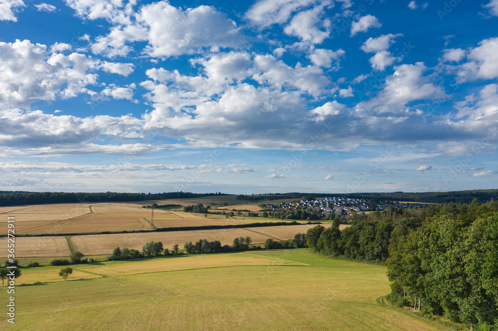 Fields and meadows in the Taunus in summer from above