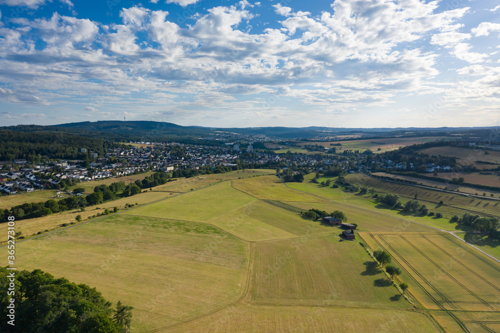 Fields and meadows in the Taunus in summer from above