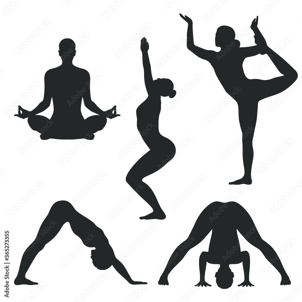 Poses of yoga graphic icons set. Women silhouettes in different poses of yoga. Signs isolated on white background. Vector illustration