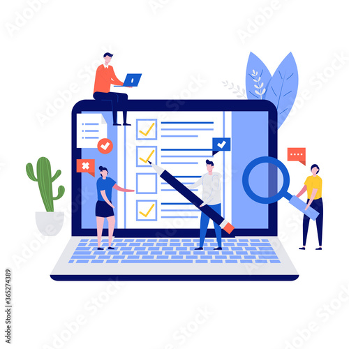 Online survey concept with people characters, laptop and questionnaire form. Modern vector illustration in flat style for landing page, mobile app, template, web banner, infographics, hero images