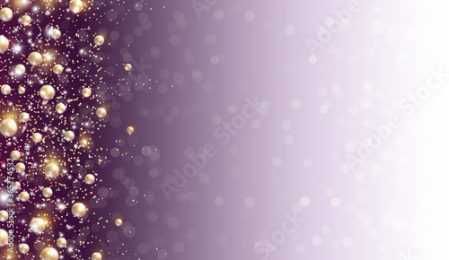 Gold glitter particles and light effect sparks violet background. Vector glow golden shimmer confetti texture with pearl glossy beads for Christmas, New Year luxury card design