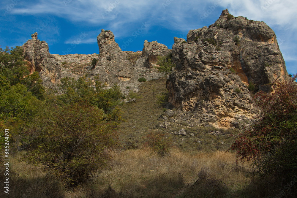 Rock formation at the hiking track in park Barranco del Rio Dulce, Guadalajara, Spain
