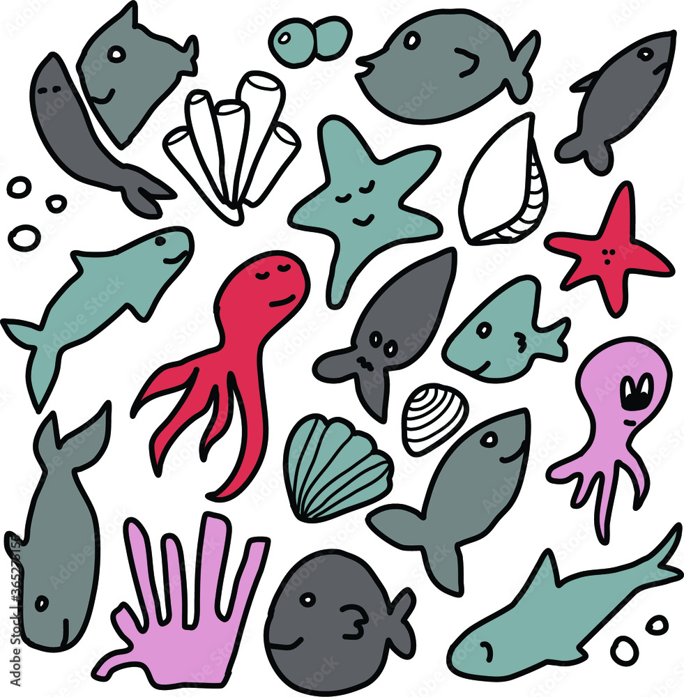 Set of fish and sea animals vector isolated Set of fish and sea animals vector isolated