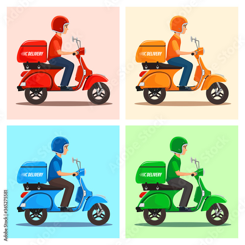Vector of Delivery Man set with 4 color theme as red, orange, blue and green. Man riding scooter for delivery service.