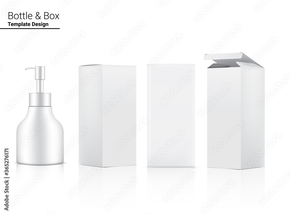 Glossy Pump Bottle Mock up Realistic Cosmetic and 3 Dimensional Box for Whitening Skincare and Aging anti-wrinkle merchandise on White Background Illustration. Health Care and Medical.