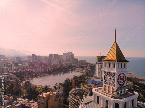 Georgia. Batumi town city. Sheraton casino, hotel tower. View from above, perfect landscape photo, created by drone. Aerial photo from travel.