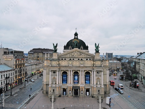 Aerial view from above of Lviv city, Ukraine. Beautiful drone photography. National Opera house