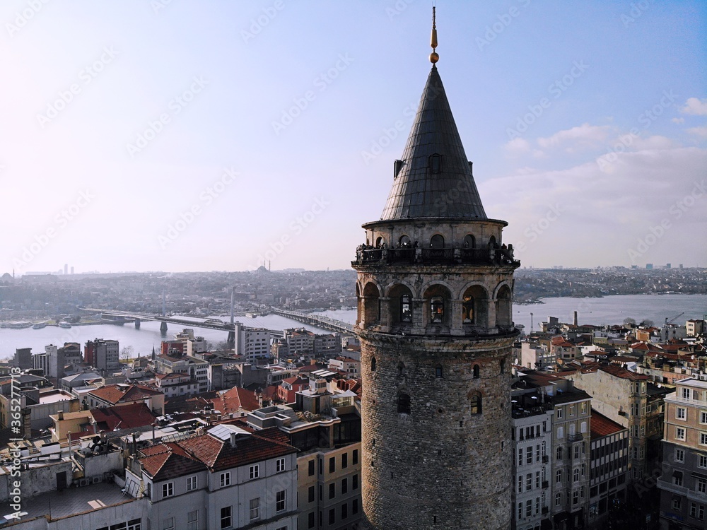 Istanbul, culture and historical capital of Turkey. Aerial photo from above. City view and landscape photo by drone. The Galata Kulesi Tower