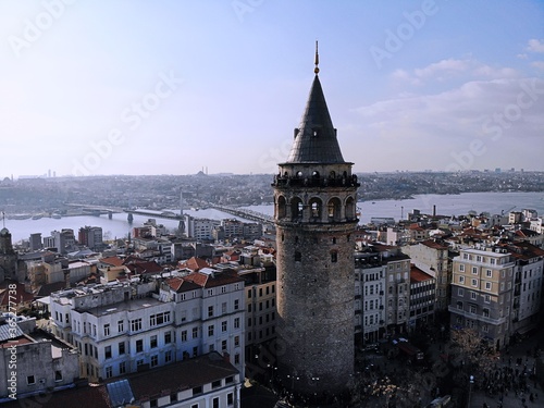 Istanbul, culture and historical capital of Turkey. Aerial photo from above. City view and landscape photo by drone. The Galata Kulesi Tower
