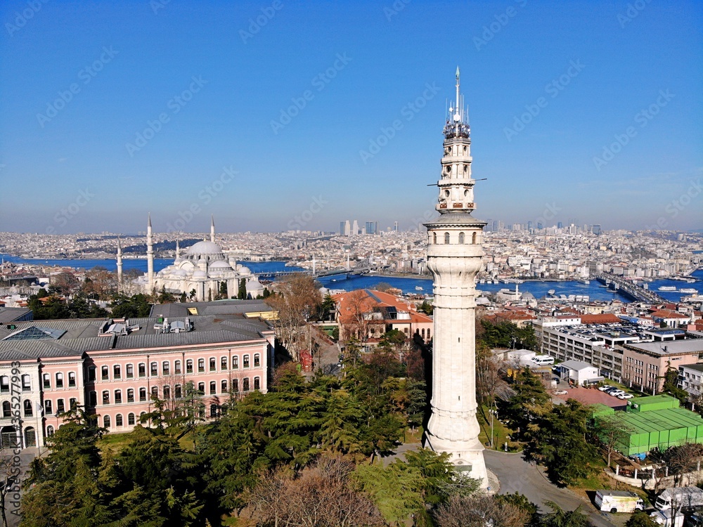 Istanbul, culture and historical capital of Turkey. Aerial photo from above. City view and landscape photo by drone. Sealight tower
