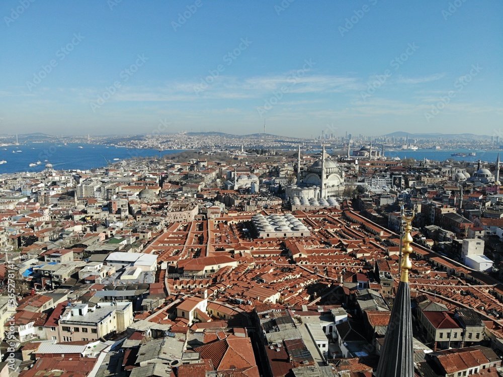Istanbul, culture and historical capital of Turkey. Aerial photo from above. City view and landscape photo by drone. Moscue Minaret tower