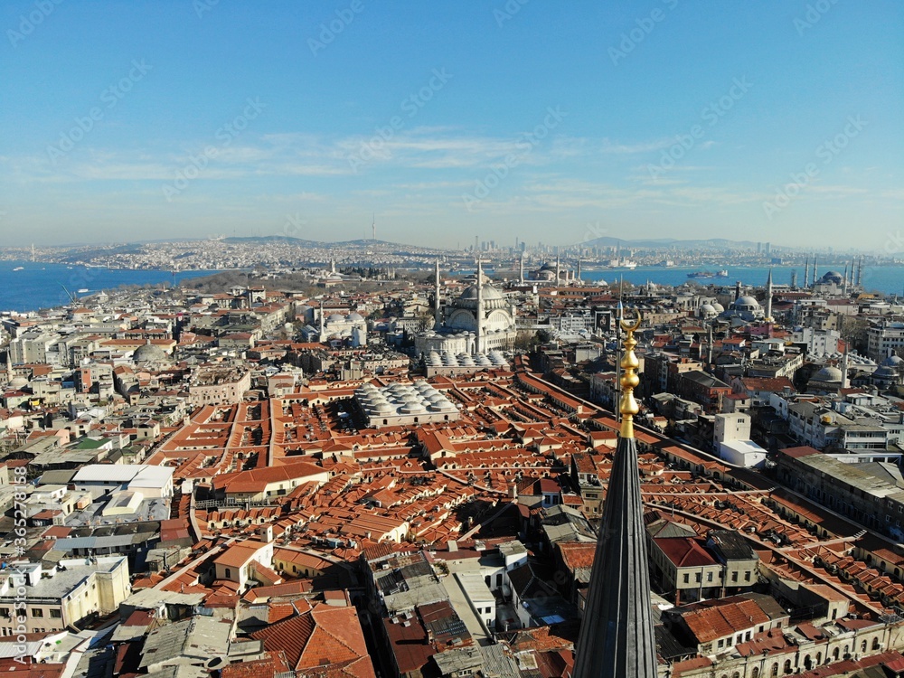 Istanbul, culture and historical capital of Turkey. Aerial photo from above. City view and landscape photo by drone. Moscue Minaret tower
