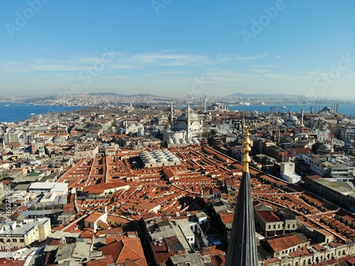 Istanbul  culture and historical capital of Turkey. Aerial photo from above. City view and landscape photo by drone. Moscue Minaret tower