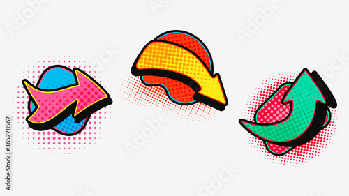 Pop art arrow set. Modern graphic design of pointers in comic setting red guide green wriggling abstract halftone design form cartoon navigation symbol moving color vector thought.