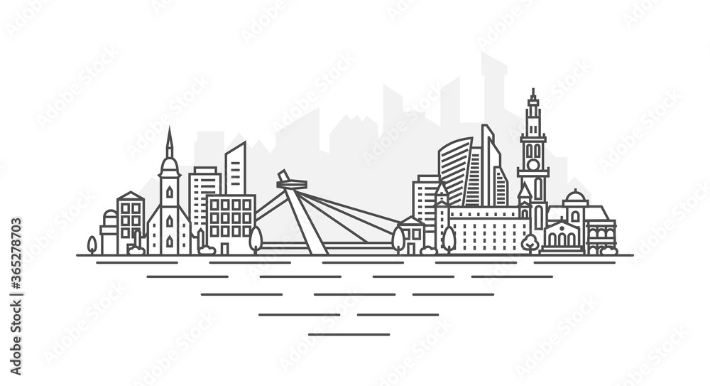Bratislava City, Slovakia architecture line skyline illustration. Linear vector cityscape with famous landmarks, city sights, design icons, with editable strokes isolated on white background.