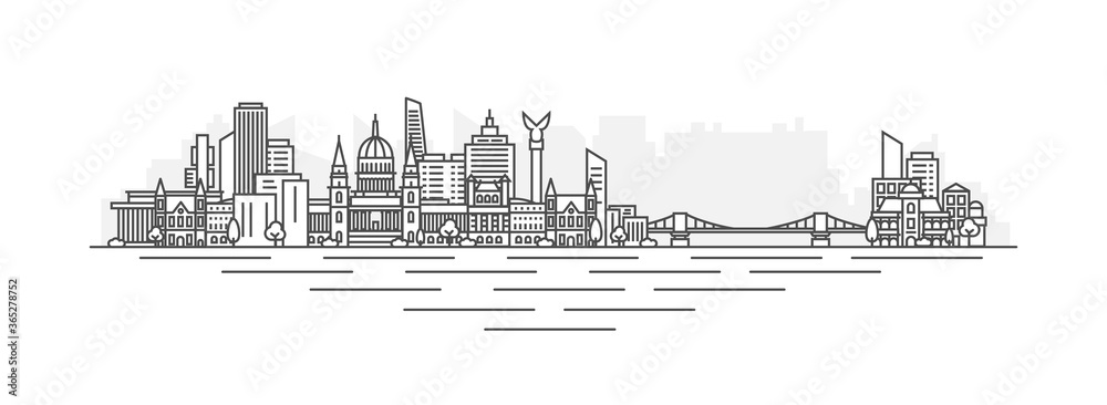 Fototapeta premium City of Budapest, Hungary architecture line skyline illustration. Linear vector cityscape with famous landmarks, city sights, design icons, with editable strokes isolated on white background.
