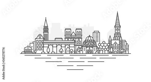 City of Brussels, Belgium architecture line skyline illustration. Linear vector cityscape with famous landmarks, city sights, design icons, with editable strokes isolated on white background.