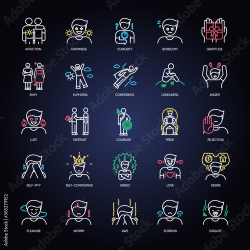 Human feelings neon light icons set. Positive and negative emotions signs with outer glowing effect. Different psychological reactions, mental states. Vector isolated RGB color illustrations