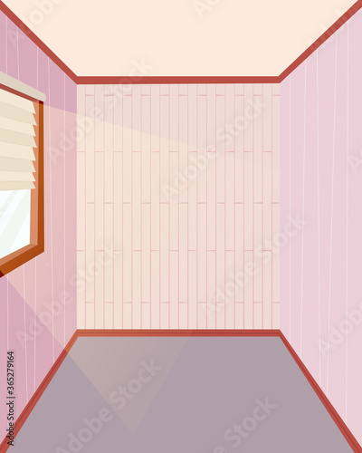Empty interior with violet walls, window and beige curtain. Ready for game design, web, mobile app design. Vector cartoon flat illustration isolated on white.
