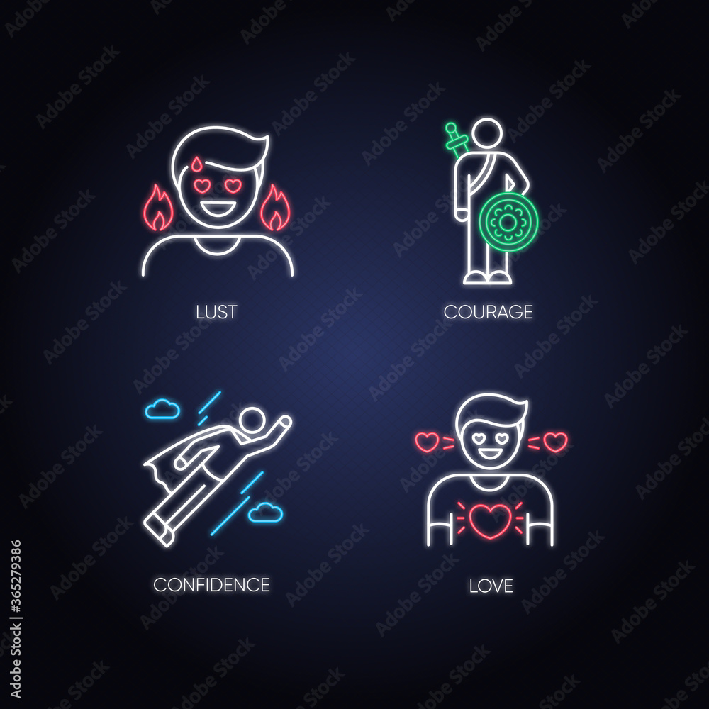 Negative feelings and bad traits neon light icons set. Human emotions, feelings signs with outer glowing effect. Self confidence, worry, boredom and greed. Vector isolated RGB color illustrations Negative feelings and bad traits neon light icons set. Human emotions, feelings signs with outer glowing effect. Self confidence, worry, boredom and greed. Vector isolated RGB color illustrations