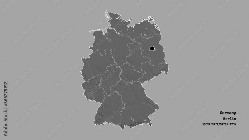 Berlin, state of Germany, with its capital, localized, outlined and zoomed with informative overlays on a bilevel map in the Stereographic projection. Animation 3D Berlin, state of Germany, with its capital, localized, outlined and zoomed with informative overlays on a bilevel map in the Stereographic projection. Animation 3D