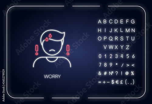 Worry neon light icon. Outer glowing effect. Emotional stress, anxiety sign with alphabet, numbers and symbols. Bad feeling, trouble reaction. Worried person vector isolated RGB color illustration