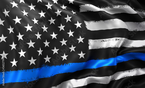 Obraz na plátne Black lives matter flag, with a blue line, blowing in the wind